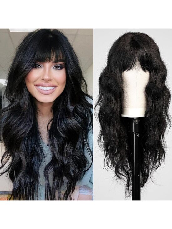 Women\'s Black Heat Resistant Long Curly Wavy Synthetic Wig with Bangs Size 26In